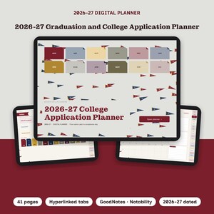 May include: A 2026-27 digital college application planner displayed on three tablet screens. The interface features a light background with small pennant graphics, monthly tabs, and text reading 2026-27 College Application Planner.