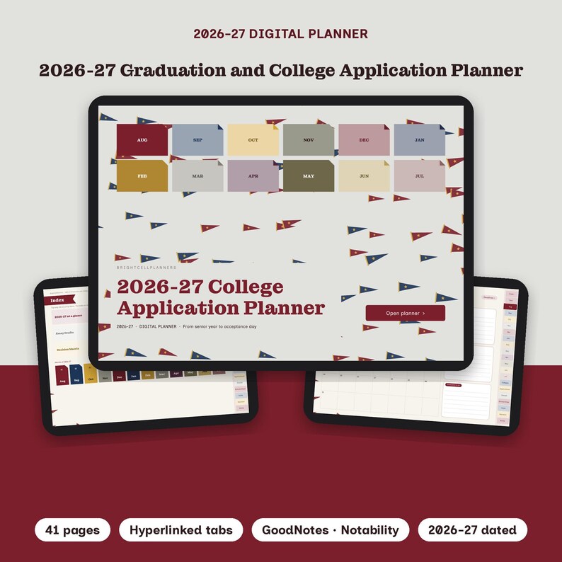 May include: A 2026-27 digital college application planner displayed on three tablet screens. The interface features a light background with small pennant graphics, monthly tabs, and text reading 2026-27 College Application Planner.