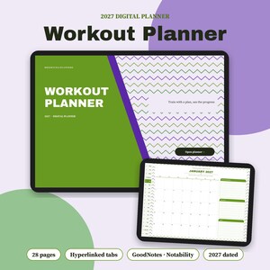 May include: A 2027 digital workout planner displayed on two tablets. The larger screen shows a green and purple cover with the text "WORKOUT PLANNER" and "Train with a plan, see the progress." The smaller screen displays a January 2027 calendar.
