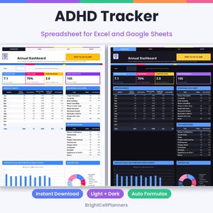 May include: An ADHD Tracker spreadsheet for Excel and Google Sheets featuring an Annual Dashboard with data tables, charts, and metrics. The layout is shown in both light and dark modes, displaying columns for months, focus scores, and symptom tracking.
