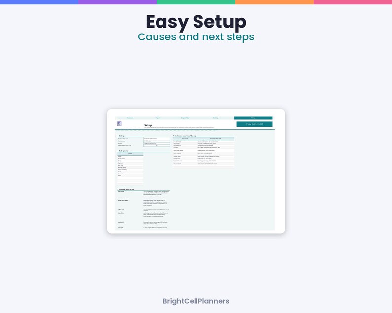 May include: A digital spreadsheet interface titled Easy Setup Causes and next steps by BrightCellPlanners. The screen displays a white layout with teal headers, organized into sections for settings, task lists, and causes of loss with text fields.