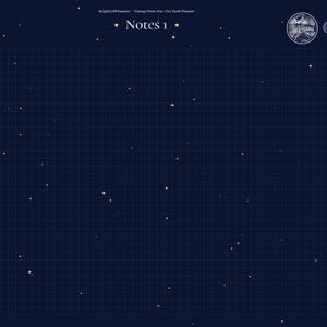 May include: A digital planner page titled Notes 1 with a dark navy blue background featuring a white grid pattern and a starry night sky motif. A yellow crescent moon, a circular vintage illustration, and a navigation sidebar are visible.