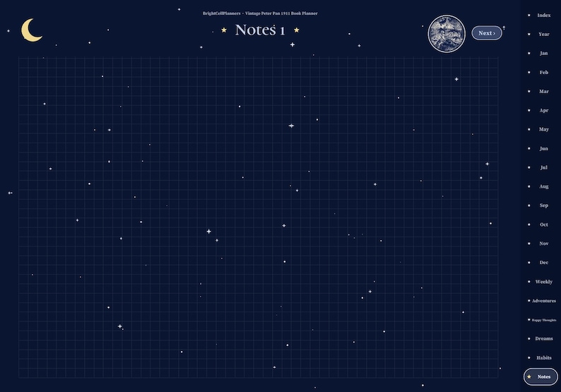 May include: A digital planner page titled Notes 1 with a dark navy blue background featuring a white grid pattern and a starry night sky motif. A yellow crescent moon, a circular vintage illustration, and a navigation sidebar are visible.