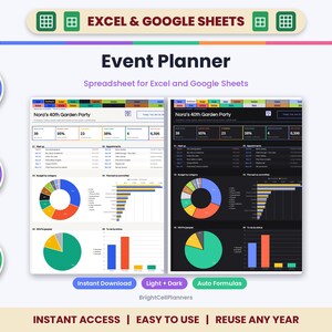 Puede incluir: Una hoja de c&aacute;lculo de planificaci&oacute;n de eventos para Excel y Google Sheets con interfaces en modo claro y oscuro. El panel muestra gr&aacute;ficos de datos, categor&iacute;as de presupuesto y listas de tareas para Nora's 40th Garden Party.