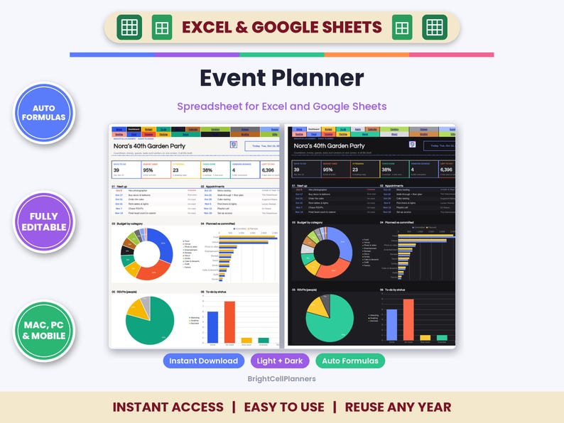 Puede incluir: Una hoja de c&aacute;lculo de planificaci&oacute;n de eventos para Excel y Google Sheets con interfaces en modo claro y oscuro. El panel muestra gr&aacute;ficos de datos, categor&iacute;as de presupuesto y listas de tareas para Nora's 40th Garden Party.