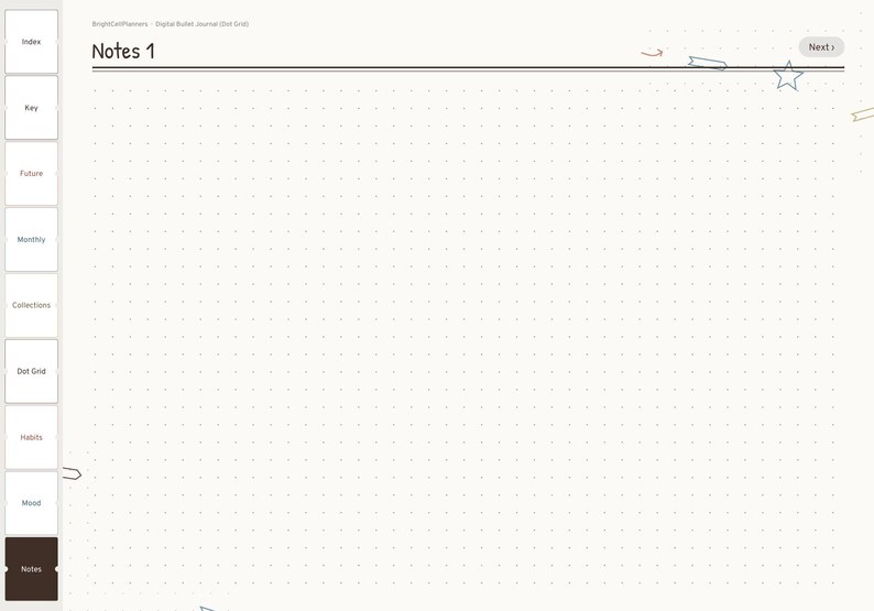 May include: A digital bullet journal page titled Notes 1 with a dot grid background. The left sidebar features navigation tabs labeled Index, Key, Future, Monthly, Collections, Dot Grid, Habits, Mood, and Notes. A Next button is at the top right.