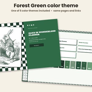 May include: A digital planner with a forest green color theme featuring an Alice in Wonderland illustration of a rabbit. The interface includes text reading Alice in Wonderland Planner, 2027, and navigation buttons for a habit tracker and lists.