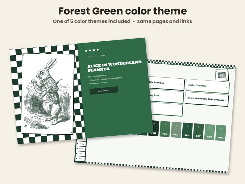 May include: A digital planner with a forest green color theme featuring an Alice in Wonderland illustration of a rabbit. The interface includes text reading Alice in Wonderland Planner, 2027, and navigation buttons for a habit tracker and lists.
