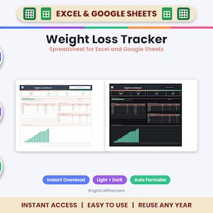 Weight Loss Tracker Spreadsheet – Excel & Google Sheets, BMI, Water, Steps Log (Digital Download)