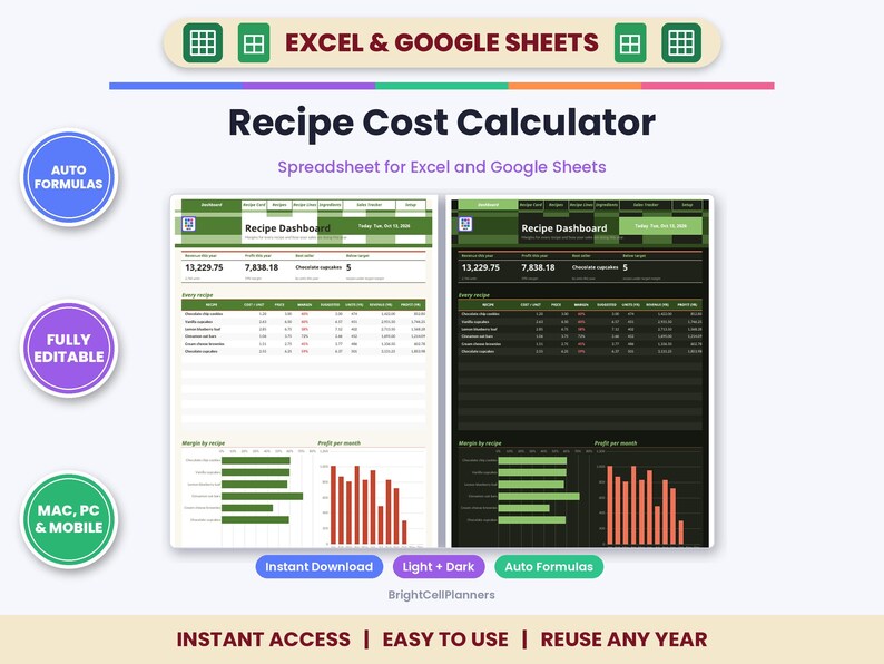 Op de afbeelding: Een digitaal Recipe Cost Calculator spreadsheet voor Excel en Google Sheets met lichte en donkere modus. De interface toont een dashboard met automatische formules, winstcijfers en staafdiagrammen voor receptanalyse.