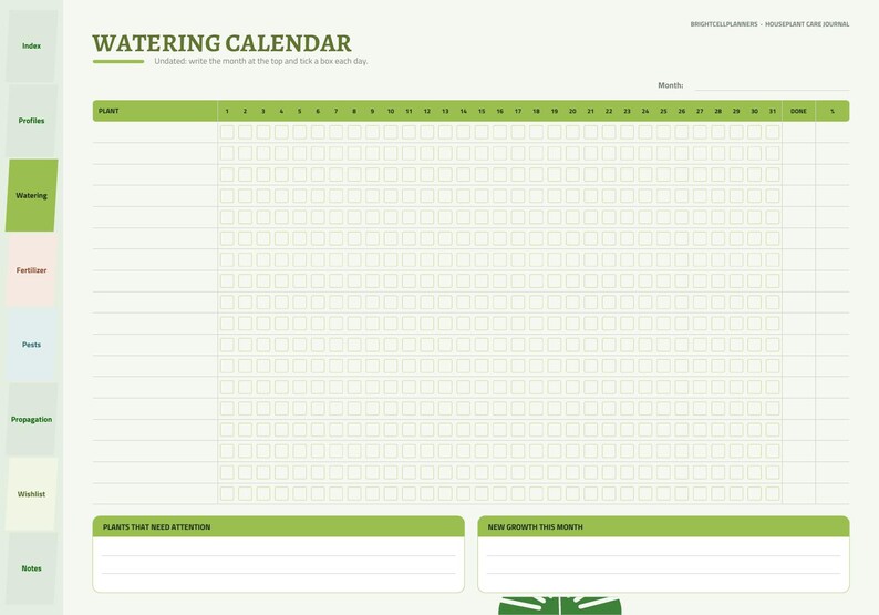 May include: A watering calendar page for a houseplant care journal with a green header, a grid for thirty-one days, and sections for plants that need attention and new growth. The sidebar includes tabs for index, profiles, watering, fertilizer, pests, propagation, wishlist, and notes.