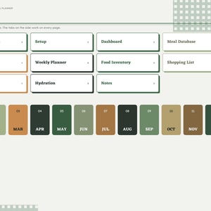 May include: A digital meal planner index page for 2027 featuring a grid of clickable buttons labeled Year at a glance, Setup, Dashboard, Meal Database, Recipe Book, Weekly Planner, Food Inventory, Shopping List, Weight, Hydration, and Notes.