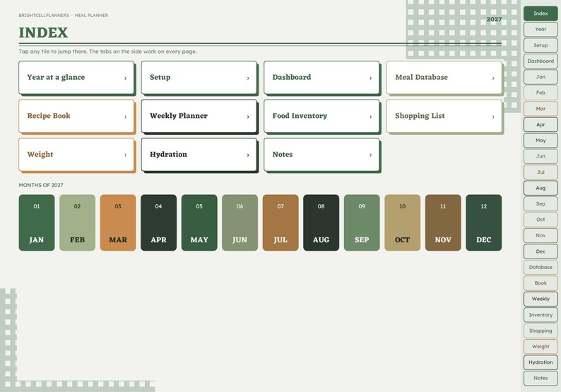 May include: A digital meal planner index page for 2027 featuring a grid of clickable buttons labeled Year at a glance, Setup, Dashboard, Meal Database, Recipe Book, Weekly Planner, Food Inventory, Shopping List, Weight, Hydration, and Notes.