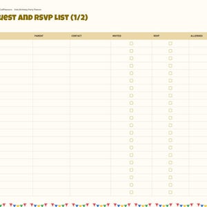 May include: A digital planner page titled Guest and RSVP List (1/2) with columns for child, parent, contact, invited, RSVP, and allergies. The left sidebar features navigation tabs, and the bottom border displays colorful bunting flags.