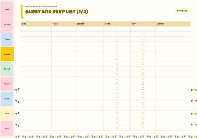 May include: A digital planner page titled Guest and RSVP List (1/2) with columns for child, parent, contact, invited, RSVP, and allergies. The left sidebar features navigation tabs, and the bottom border displays colorful bunting flags.