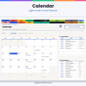 Puede incluir: Una interfaz de calendario para planificar eventos en modo claro. El dise&ntilde;o presenta una barra de navegaci&oacute;n superior con pesta&ntilde;as de colores, una cuadr&iacute;cula mensual para octubre de 2026 y paneles laterales de BrightCellPlanners.