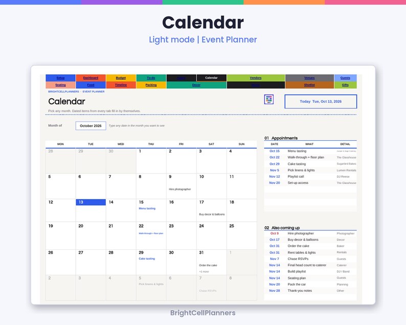 Puede incluir: Una interfaz de calendario para planificar eventos en modo claro. El dise&ntilde;o presenta una barra de navegaci&oacute;n superior con pesta&ntilde;as de colores, una cuadr&iacute;cula mensual para octubre de 2026 y paneles laterales de BrightCellPlanners.