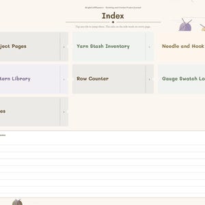 Puede incluir: Una p&aacute;gina de &iacute;ndice de diario de proyectos de tejido y ganchillo digital con navegaci&oacute;n lateral y mosaicos clicables etiquetados como Project Pages, Yarn Stash Inventory, Needle and Hook Inventory, Pattern Library, Row Counter, Gauge Swatch Log y Notes.