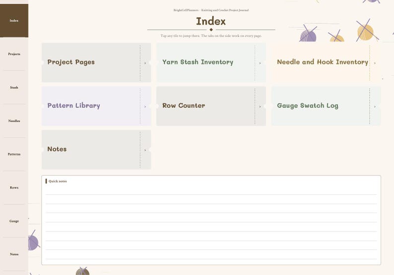 Puede incluir: Una p&aacute;gina de &iacute;ndice de diario de proyectos de tejido y ganchillo digital con navegaci&oacute;n lateral y mosaicos clicables etiquetados como Project Pages, Yarn Stash Inventory, Needle and Hook Inventory, Pattern Library, Row Counter, Gauge Swatch Log y Notes.