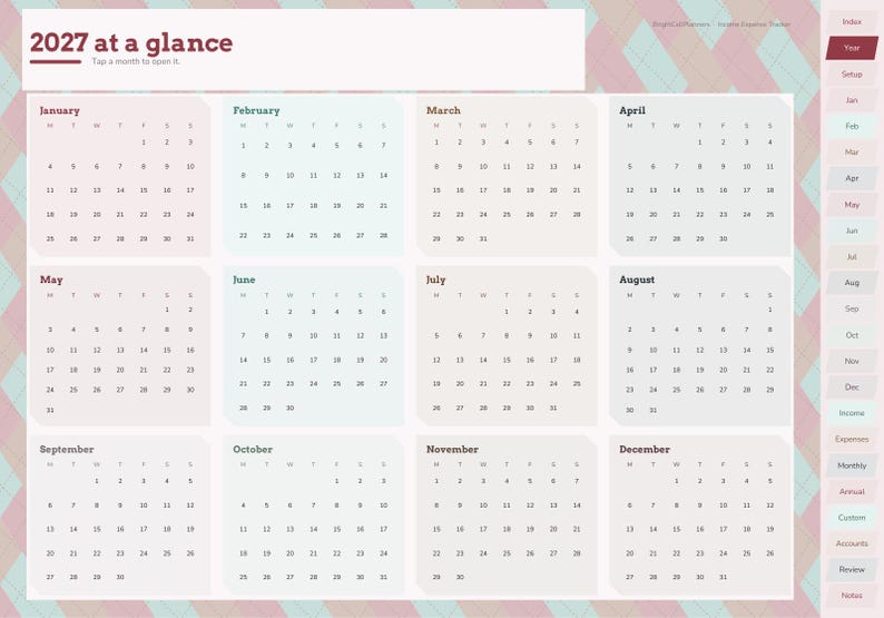 Op de afbeelding: Een digitale 2027 kalenderplannerpagina met twaalf maandelijkse roosters van januari tot december. De lay-out bevat een koptekst met 2027 at a glance en een zijnavigatiebalk met tabbladen voor index, setup, income, expenses en notes.