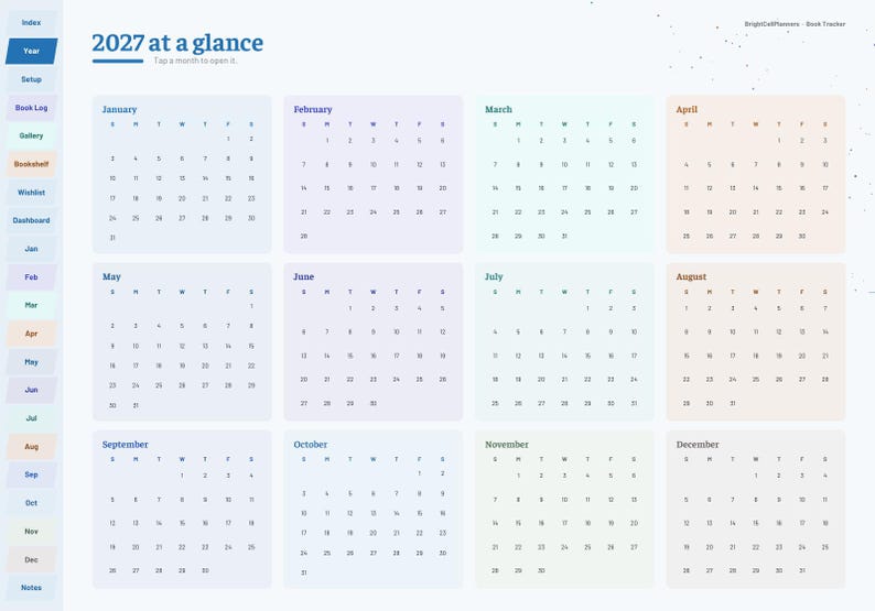 May include: A digital 2027 calendar planner interface featuring twelve monthly grids organized in a light-colored layout. The sidebar includes navigation tabs labeled Index, Year, Setup, Book Log, Gallery, Bookshelf, Wishlist, Dashboard, and Notes.