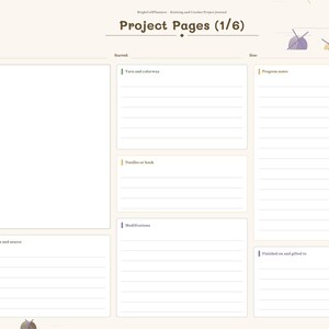 Puede incluir: Una p&aacute;gina de diario de proyectos de tejido y ganchillo digital titulada Project Pages (1/6). El dise&ntilde;o incluye secciones para foto, hilo, color, agujas o ganchillo, modificaciones, notas de progreso, fuente del patr&oacute;n y fecha de finalizaci&oacute;n.