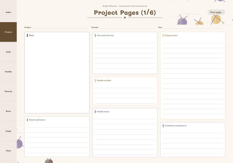 Puede incluir: Una p&aacute;gina de diario de proyectos de tejido y ganchillo digital titulada Project Pages (1/6). El dise&ntilde;o incluye secciones para foto, hilo, color, agujas o ganchillo, modificaciones, notas de progreso, fuente del patr&oacute;n y fecha de finalizaci&oacute;n.