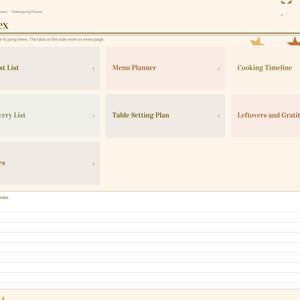 Puede incluir: Una p&aacute;gina de &iacute;ndice de planificador digital de Acci&oacute;n de Gracias con una barra lateral de navegaci&oacute;n y mosaicos interactivos etiquetados como Guest List, Menu Planner, Cooking Timeline, Grocery List, Table Setting Plan, Leftovers and Gratitude y Notes, con una secci&oacute;n de Quick Notes rayada.