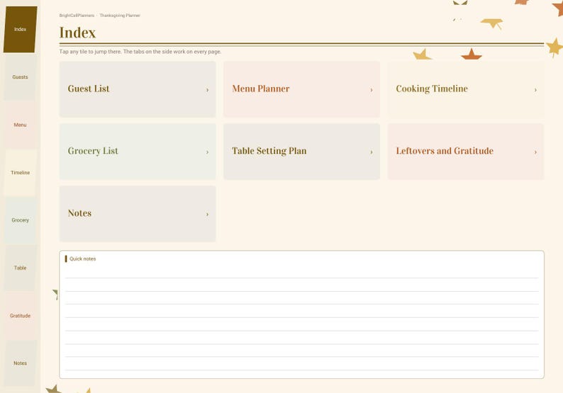 Puede incluir: Una p&aacute;gina de &iacute;ndice de planificador digital de Acci&oacute;n de Gracias con una barra lateral de navegaci&oacute;n y mosaicos interactivos etiquetados como Guest List, Menu Planner, Cooking Timeline, Grocery List, Table Setting Plan, Leftovers and Gratitude y Notes, con una secci&oacute;n de Quick Notes rayada.