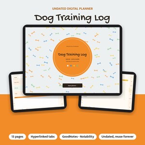 May include: An undated digital dog training log planner displayed on a tablet screen. The interface features a light background with a pattern of small colorful bones and a central orange circle containing the text Dog Training Log.