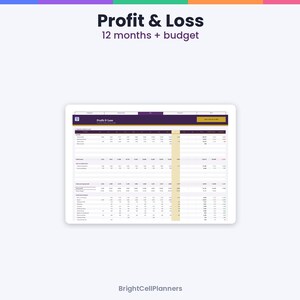 May include: A digital Profit & Loss spreadsheet template for 12 months plus budget, featuring a purple and white layout with columns for monthly financial tracking and a highlighted yellow column for totals, branded by BrightCellPlanners.