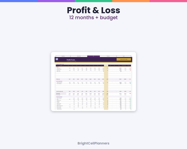 May include: A digital Profit & Loss spreadsheet template for 12 months plus budget, featuring a purple and white layout with columns for monthly financial tracking and a highlighted yellow column for totals, branded by BrightCellPlanners.