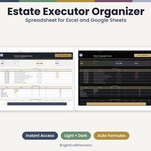 May include: An Estate Executor Organizer spreadsheet for Excel and Google Sheets featuring two dashboard views, one in light mode and one in dark mode. The interface displays an Estate Command Center with tables for tasks, progress, and financial data.