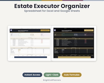 Puede incluir: Una hoja de cálculo Estate Executor Organizer para Excel y Google Sheets con dos vistas de panel, una en modo claro y otra en modo oscuro. La interfaz muestra un Estate Command Center con tablas para tareas, progreso y datos financieros.
