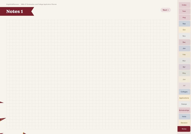 May include: A digital planner page titled Notes 1 with a cream-colored grid background. The top left features a maroon banner. A vertical sidebar on the right contains tabs labeled Index, Year, months from Aug to Jul, Colleges, Applications, Essays, Scholarships, Visits, Decision, and Notes.