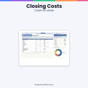 May include: A digital spreadsheet template titled Closing Costs Cash to close, featuring a detailed financial table for tracking real estate expenses, a summary section for cash to close, and a colorful pie chart visualizing cost distribution.