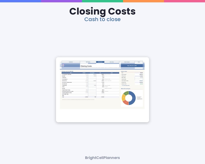 May include: A digital spreadsheet template titled Closing Costs Cash to close, featuring a detailed financial table for tracking real estate expenses, a summary section for cash to close, and a colorful pie chart visualizing cost distribution.