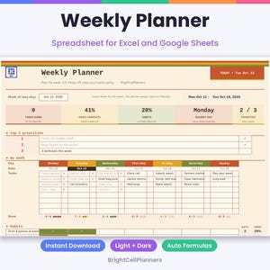 May include: A digital weekly planner spreadsheet for Excel and Google Sheets with a cream background, featuring sections for top 3 priorities, daily tasks from Monday to Sunday, and habit tracking with progress bars and percentage indicators.