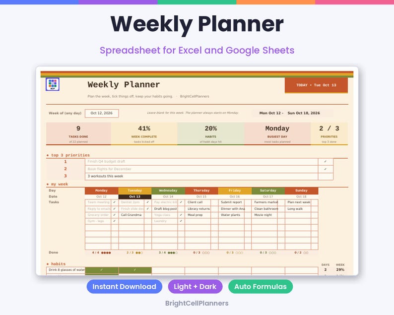 May include: A digital weekly planner spreadsheet for Excel and Google Sheets with a cream background, featuring sections for top 3 priorities, daily tasks from Monday to Sunday, and habit tracking with progress bars and percentage indicators.
