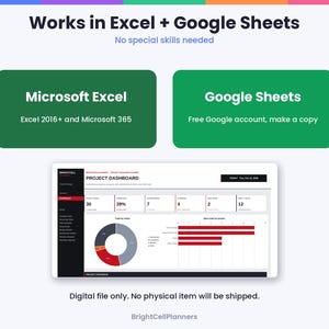 Puede incluir: Una plantilla de panel de control de proyectos digital compatible con Microsoft Excel y Google Sheets. La interfaz muestra un panel con un gr&aacute;fico de anillos, un gr&aacute;fico de barras y m&eacute;tricas. Texto: Works in Excel + Google Sheets, Microsoft Excel, Google Sheets, Project Dashboard.