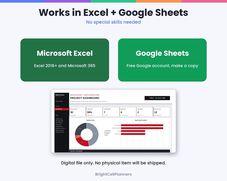 Puede incluir: Una plantilla de panel de control de proyectos digital compatible con Microsoft Excel y Google Sheets. La interfaz muestra un panel con un gr&aacute;fico de anillos, un gr&aacute;fico de barras y m&eacute;tricas. Texto: Works in Excel + Google Sheets, Microsoft Excel, Google Sheets, Project Dashboard.