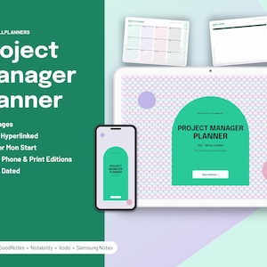 May include: A digital project manager planner displayed on a tablet and smartphone screen, featuring a green arched cover design with the text Project Manager Planner 2027 Digital Planner. Includes calendar pages and a list of features.
