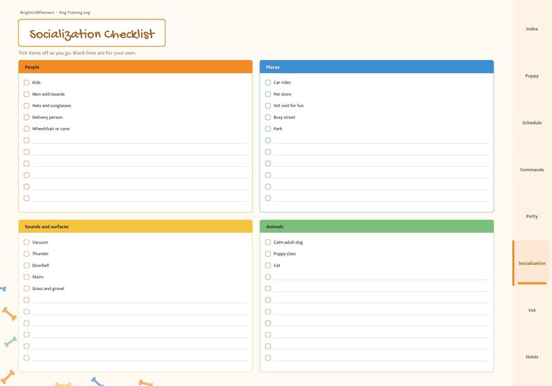 May include: A digital dog training log page titled Socialization Checklist. It features four color-coded sections for People, Places, Sounds and surfaces, and Animals, each with checkboxes and blank lines for tracking socialization progress.