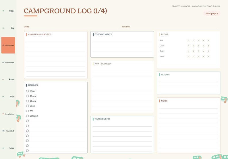 May include: A digital campground log planner page with a light background and brown text. Sections include Campground and Site, Cost and Nights, Rating, Hookups with checkboxes for water and power, What We Loved, Return, and Notes.
