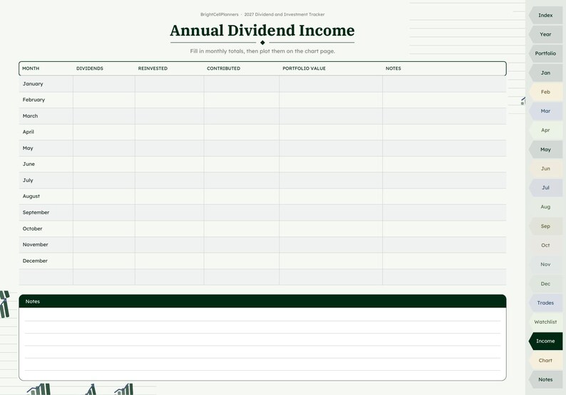 Puede incluir: Una p&aacute;gina de planificador digital titulada Annual Dividend Income con una tabla para registrar dividendos mensuales, reinversiones, contribuciones, valor de cartera y notas. A la derecha hay pesta&ntilde;as de navegaci&oacute;n para meses y categor&iacute;as.