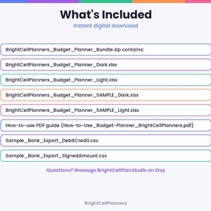 Puede incluir: Una lista de archivos digitales titulada What's Included que incluye BrightCellPlanners_Budget_Planner_Bundle.zip, BrightCellPlanners_Budget_Planner_Dark.xlsx, BrightCellPlanners_Budget_Planner_Light.xlsx, adem&aacute;s de varios archivos de muestra y una gu&iacute;a en PDF.