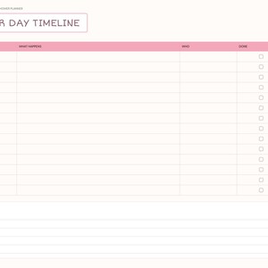 May include: A digital planner page titled SHOWER DAY TIMELINE with columns for Time, What Happens, Who, and Done. The layout includes a pink header, a grid for scheduling, and a section for notes at the bottom. Tabs on the right side list categories.