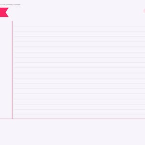 Op de afbeelding: Een digitale plannerpagina met de titel NOTES 1, een roze koptekst, een schrijfgedeelte met lijnen en een verticale zijbalk met tabbladen voor Index, Year, Channel, Ideas, Script, Filming, maanden van jan tot dec, SEO, Analytics en Notes.