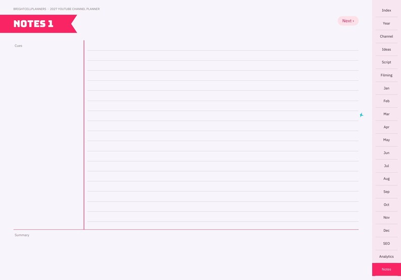 Op de afbeelding: Een digitale plannerpagina met de titel NOTES 1, een roze koptekst, een schrijfgedeelte met lijnen en een verticale zijbalk met tabbladen voor Index, Year, Channel, Ideas, Script, Filming, maanden van jan tot dec, SEO, Analytics en Notes.