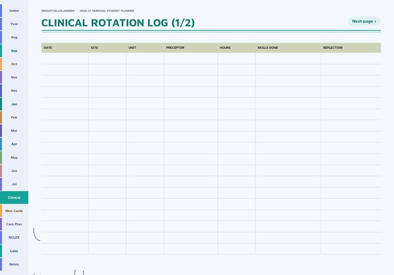 May include: A digital clinical rotation log planner page titled Clinical Rotation Log (1/2). The layout features a table with columns for Date, Site, Unit, Preceptor, Hours, Skills Done, and Reflection. A sidebar lists months and sections.